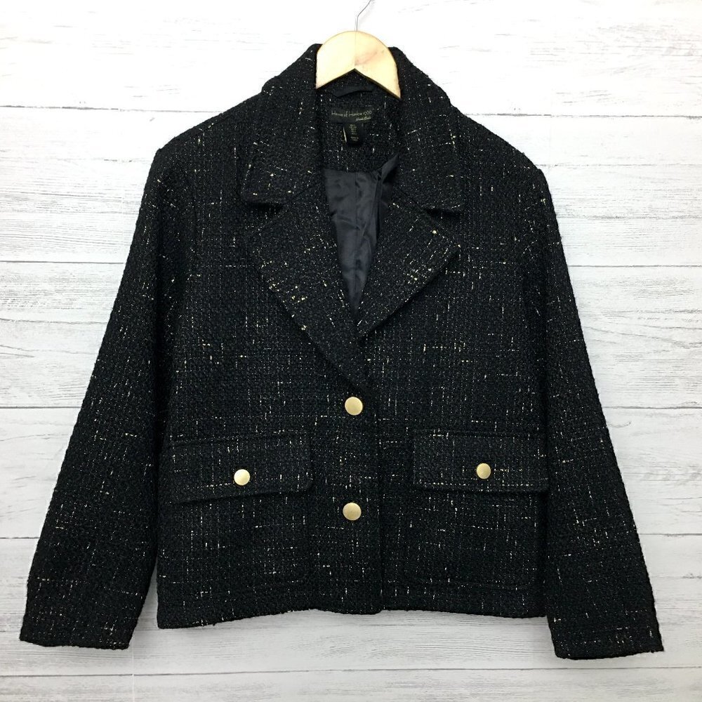House of Harlow 1960 Women's Coat Black and Gold Metallic Thread Button Front S